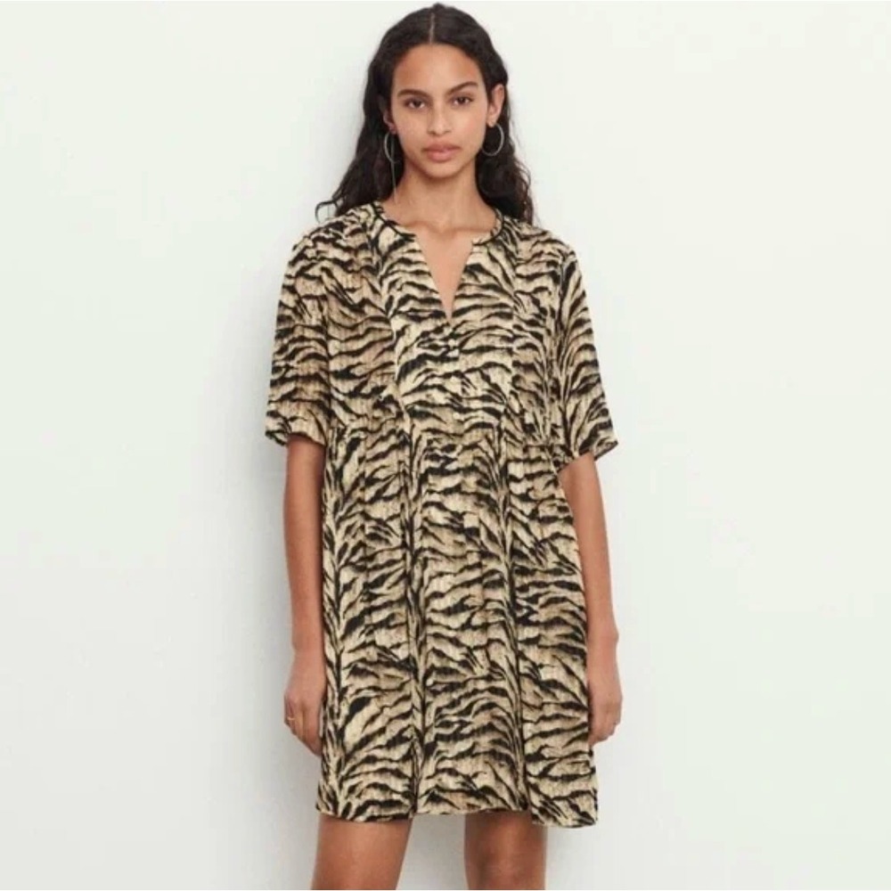 ba&sh Tiger Animal Print Iris babydoll Mini Dress Tan Black M